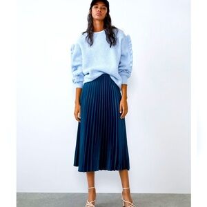Zara Pleated Sheer Overlay Midi Skirt Navy